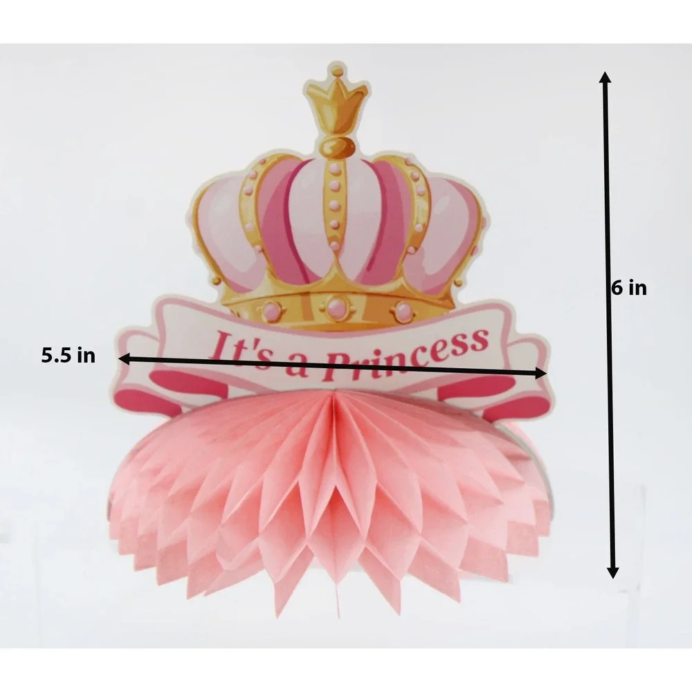 Pink Princess Baby Shower Honeycomb Centerpieces 6pc Set Welcome Baby Girl Crown